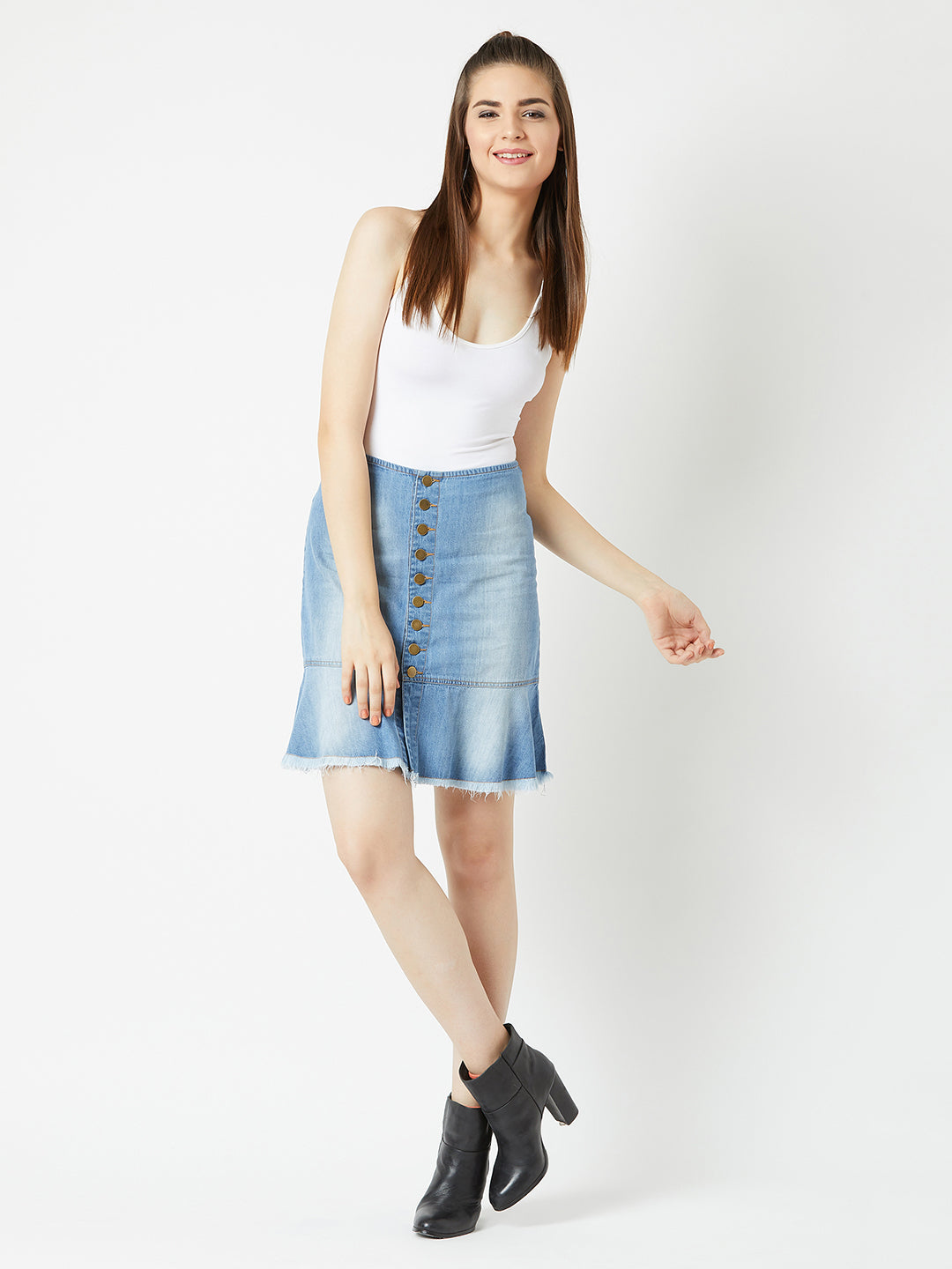 Women's Blue Regular Fit Mid Rise Light Weight Midi Denim Skirt