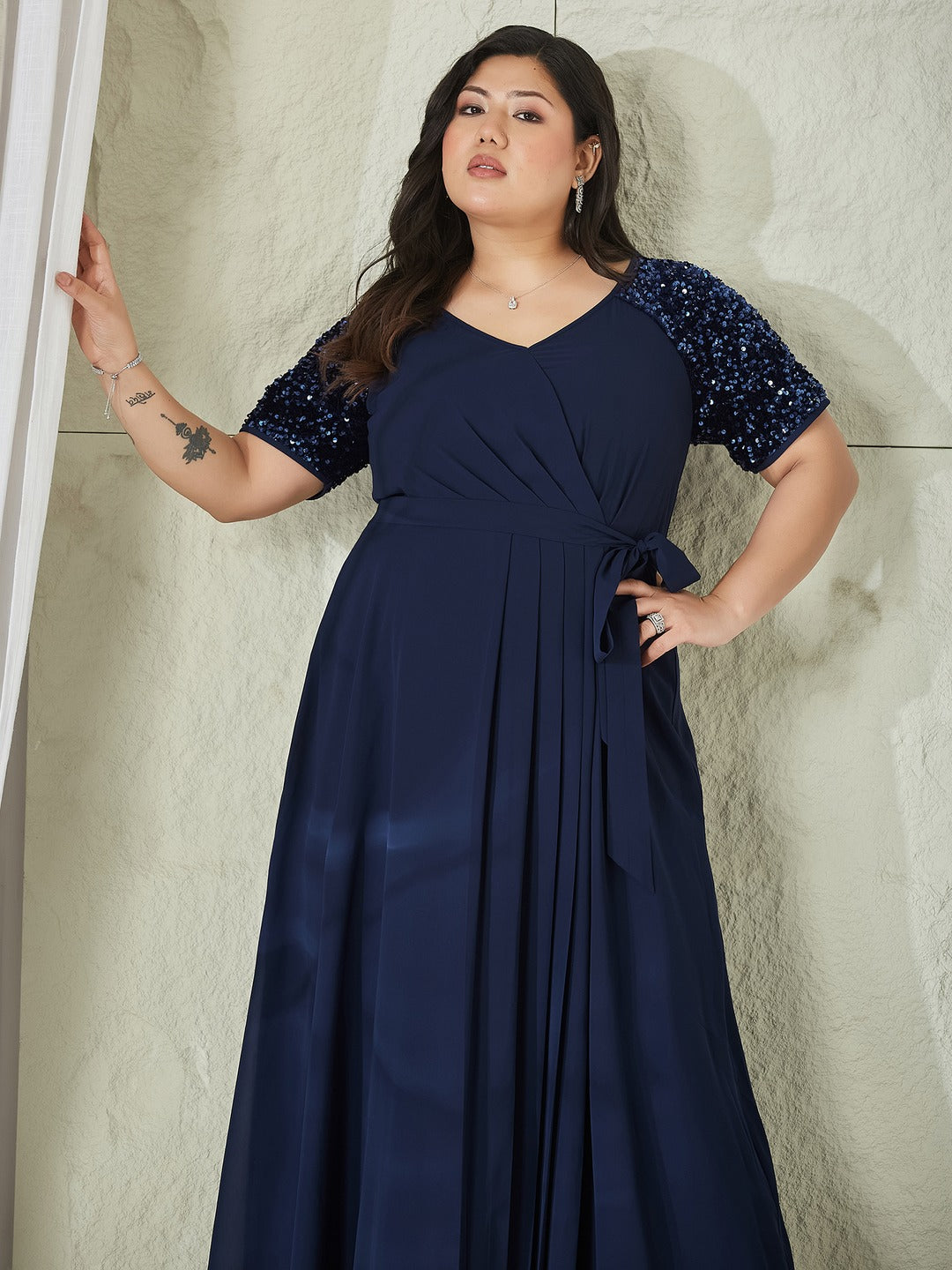 Navy Blue Relaxed Fit Maxi Georgette Dress for Women