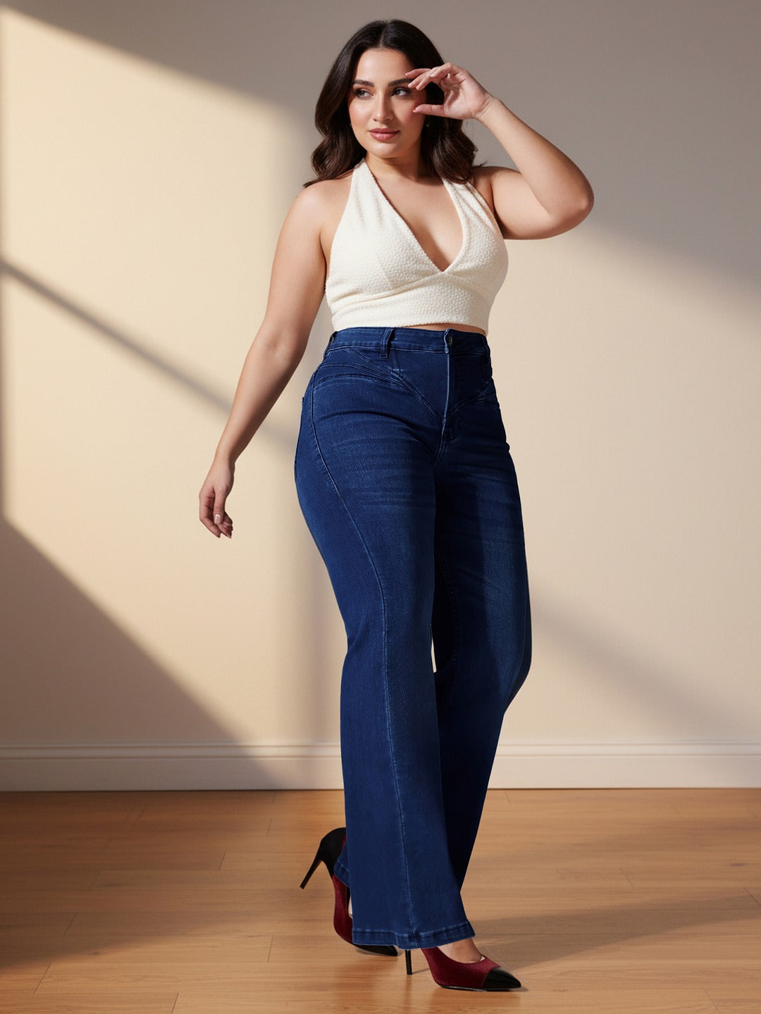 Mid Blue Wide-Leg High-Rise Stretchable Denim Jeans for Women