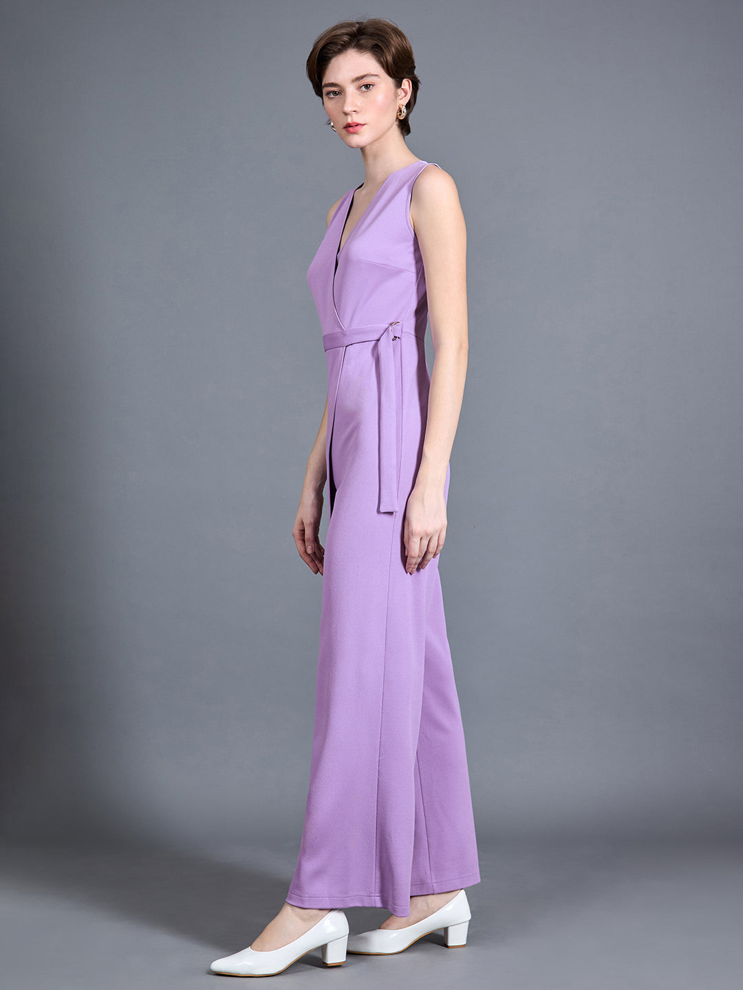 Light Lavender V-Neck Sleeveless Solid Wrap Jumpsuit