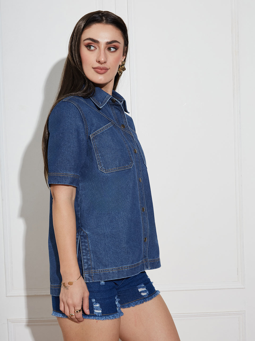 Women's Navy Blue Boxy Denim Shirt – Half Sleeves, Collared, Relaxed Fit