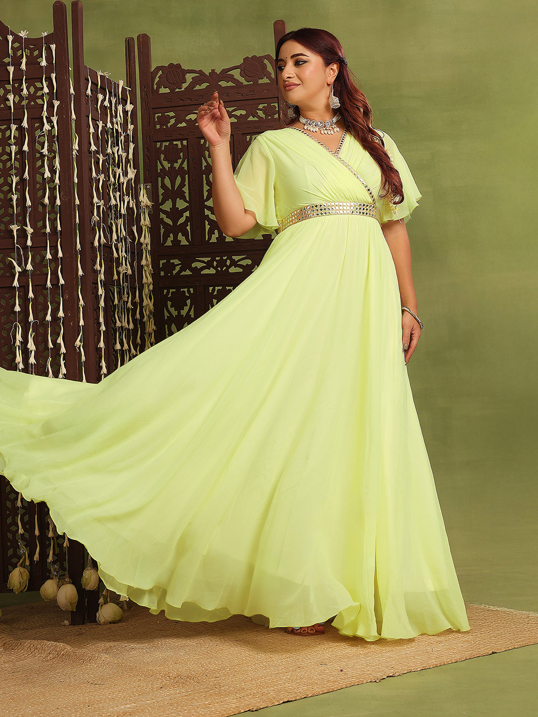 Women's Lemon Yellow V-Neck Flared-Sleeves Solid Georgette Fit & Flare Maxi Dress