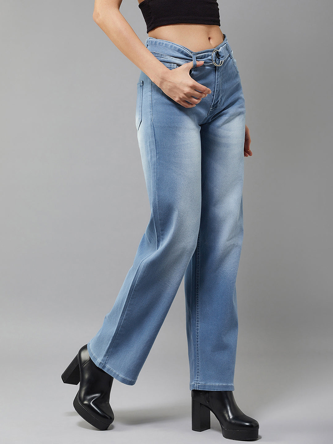 24/7 Comfort Women's Blue Cotton Wide-Leg Relaxed Mid Rise Regular Length Stretchable Denim Jeans