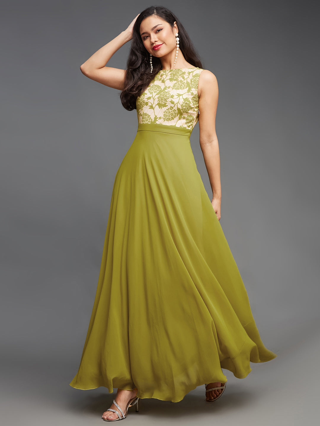 Women's Lemon Green Round Neck Sleeveless Georgette Floral Lace Fit & Flare Maxi Dress