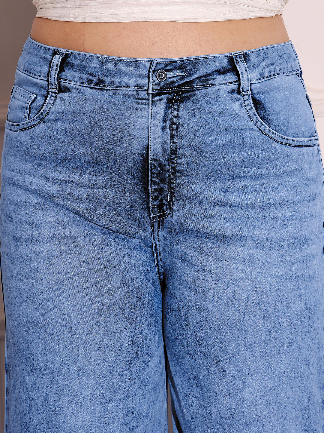 Women's Light Blue Wide-Leg High-Rise Clean-Look Stretchable Shaping Denim Jeans
