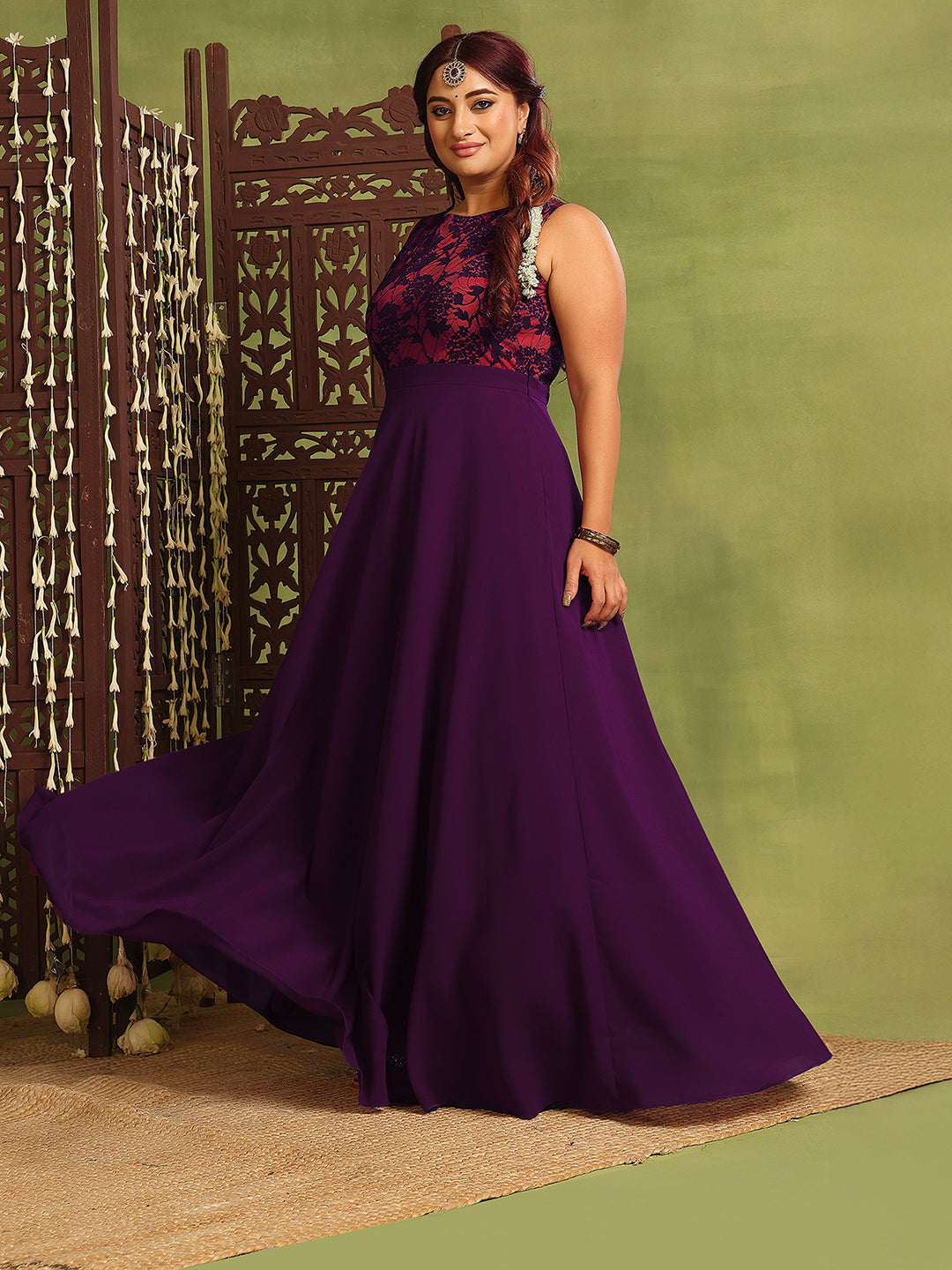 Women's Dark Purple Sleeveless Georgette & Lace Floral Fit & Flare Maxi Dress
