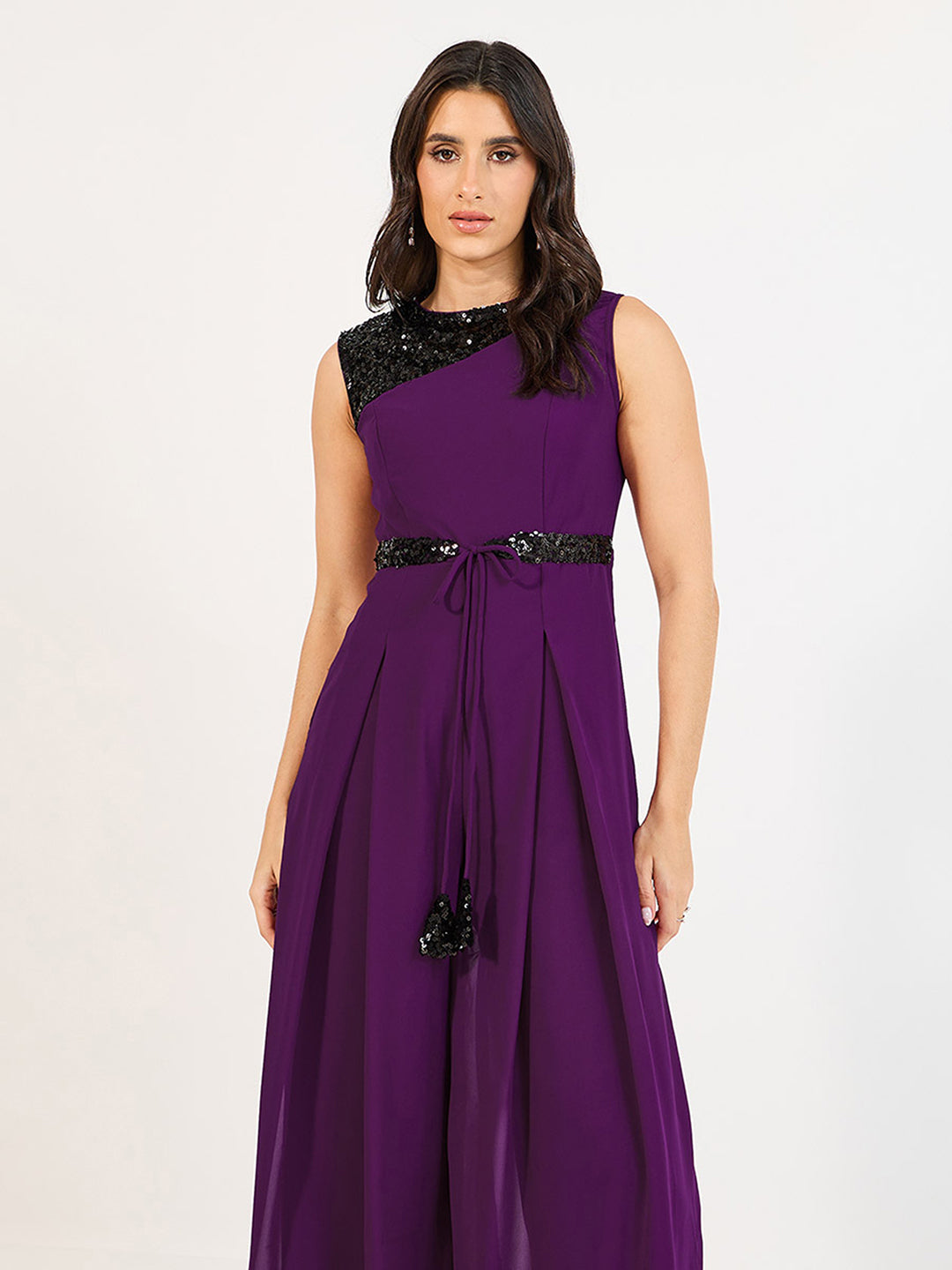 Women's Dark Purple Solid Relaxed Fit Sleeveless Round-Neck Ankle-Length Straight Jumpsuit