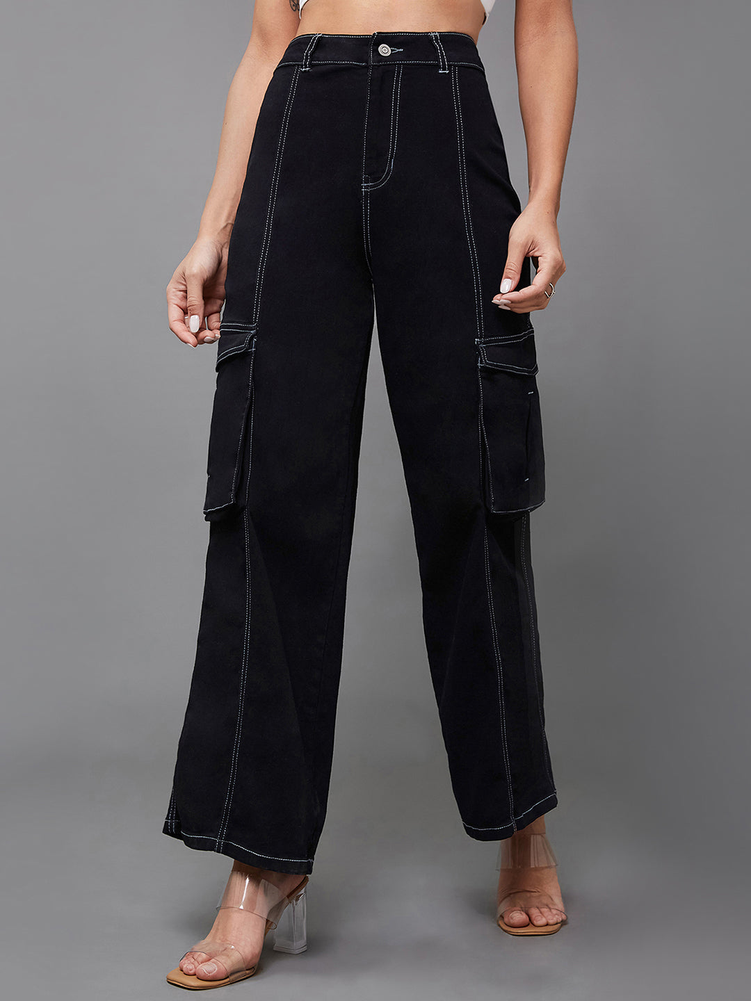 Women's Black Wide-Leg High-Rise Clean-Look Regular-Length Stretchable Patch-Pocketed Denim Jeans