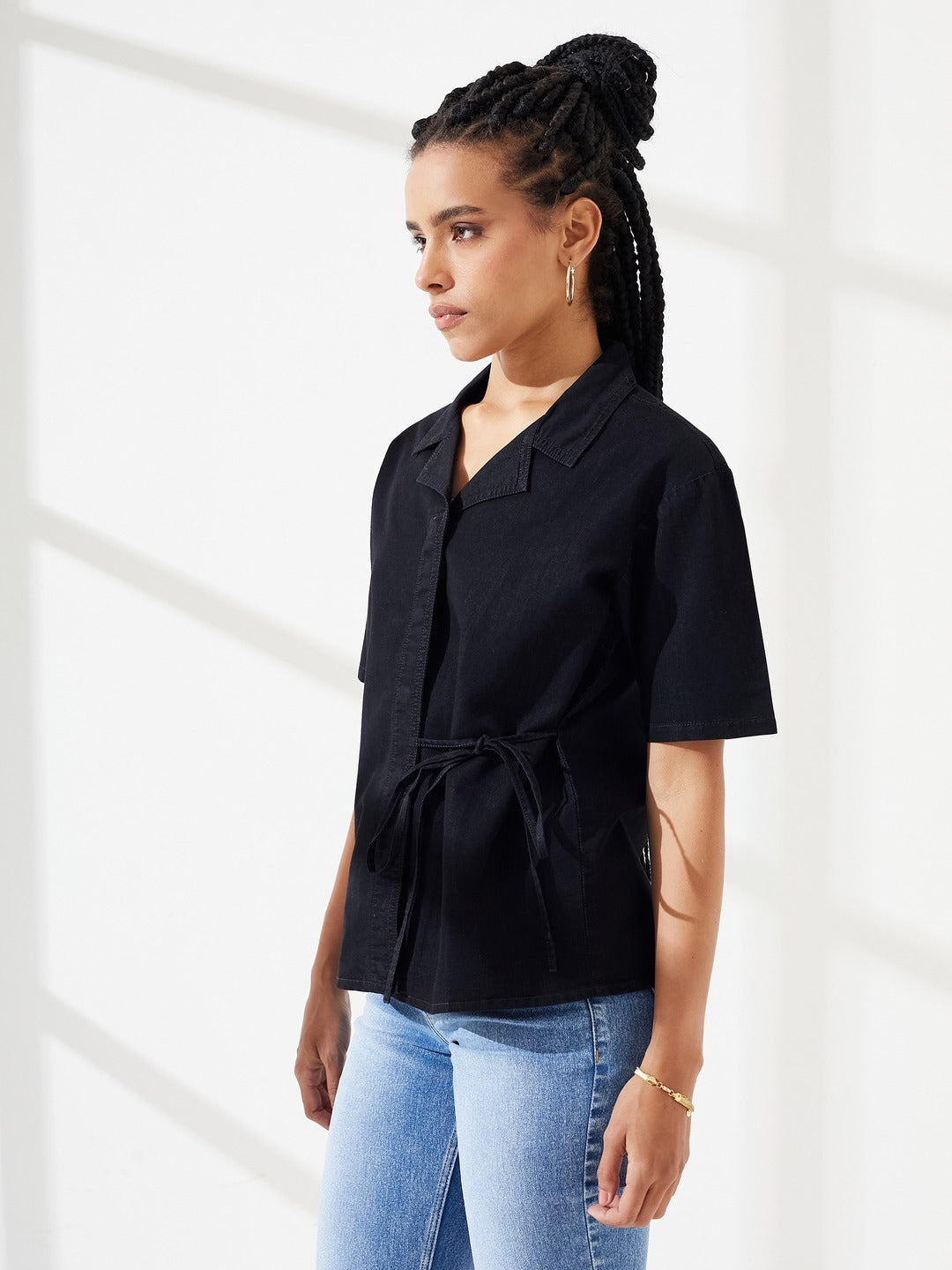 Black Shirt Collar Short-Sleeves Tie Up Solid Denim Shirt for Women