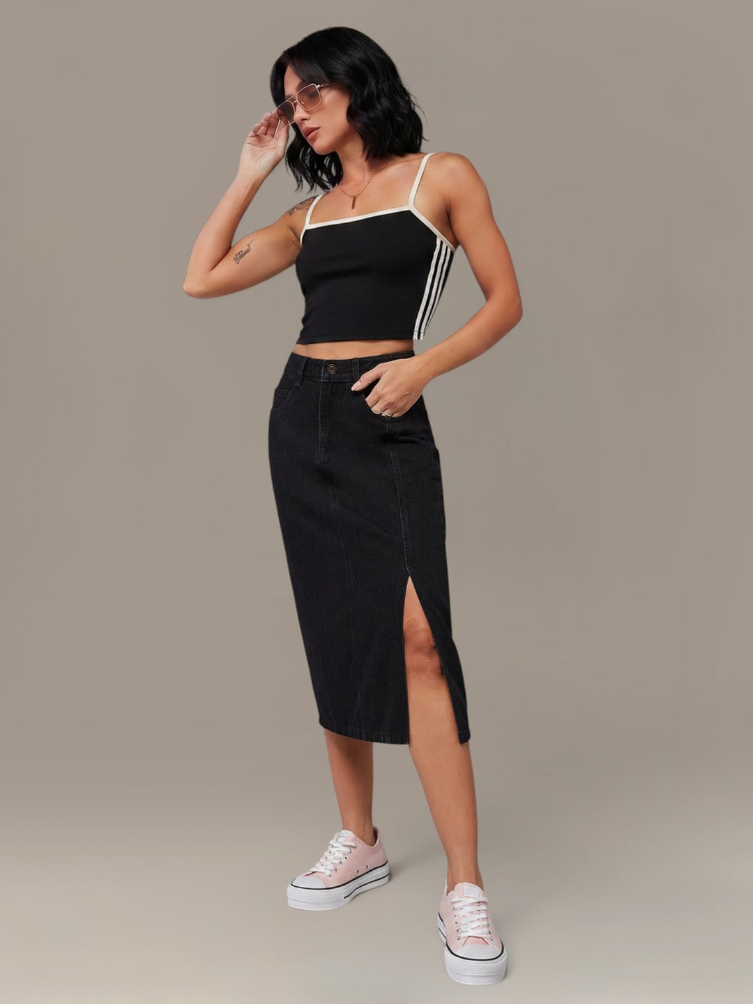 Black Straight-Fit High-Rise Stretchable Denim Midi Skirt for Women