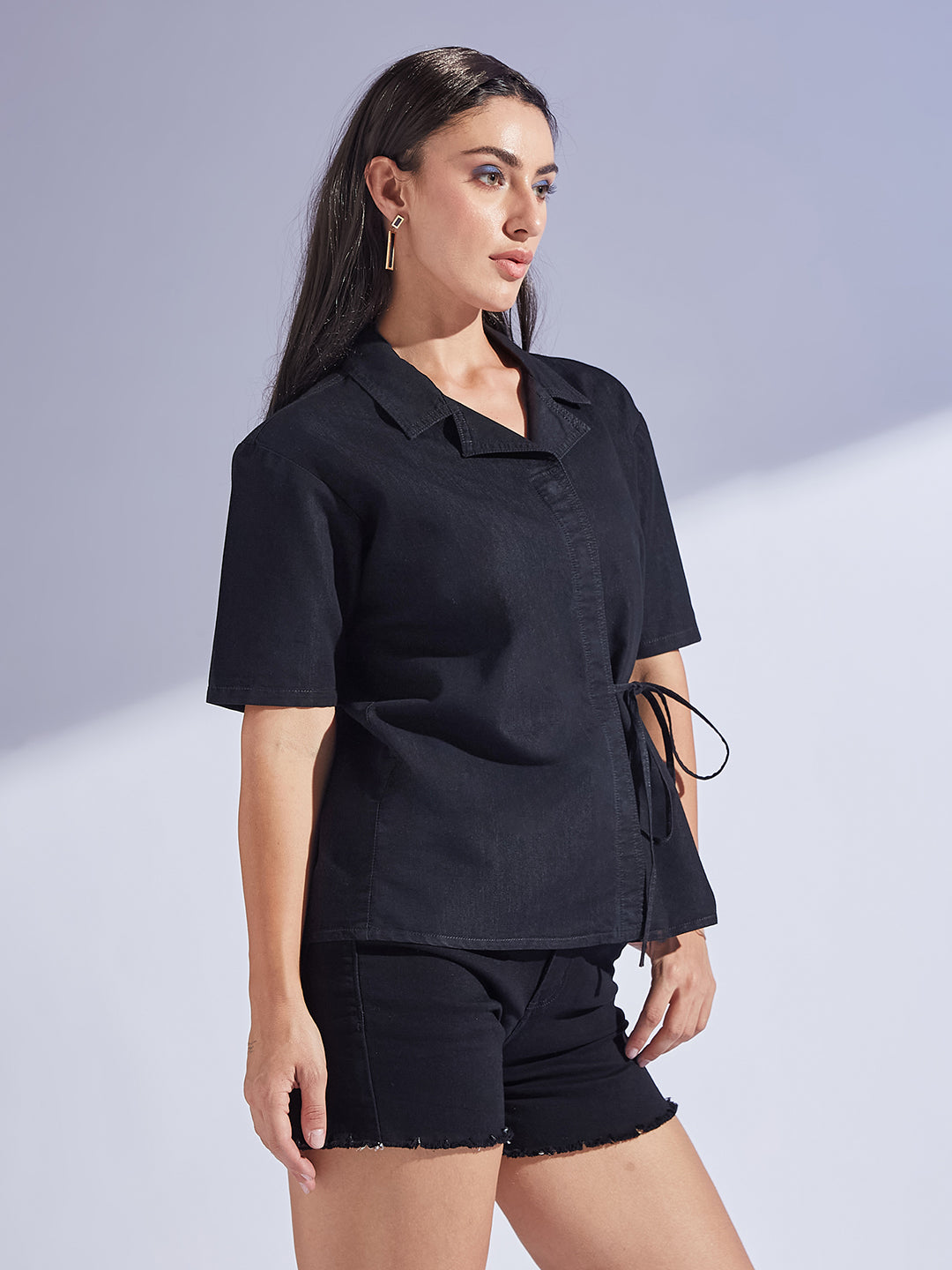 Women's Black Shirt Collar Short Sleeve Tie Up Solid Regular-Length Denim Shirt