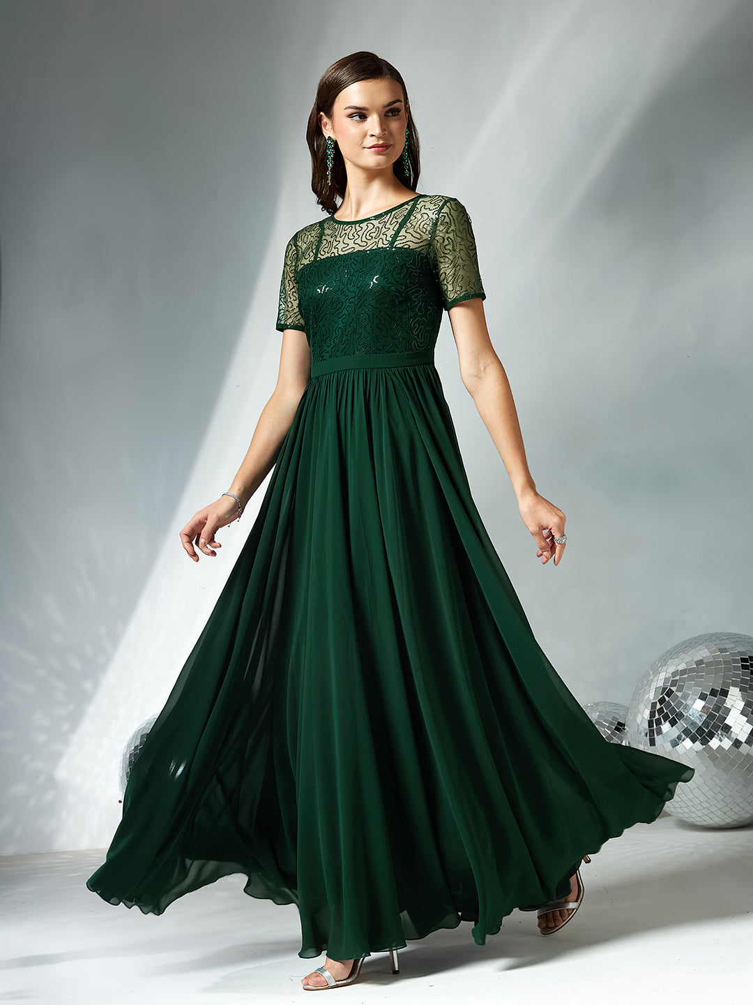 Dark Green Relaxed Fit Maxi Georgette & Sequins Dress for Women