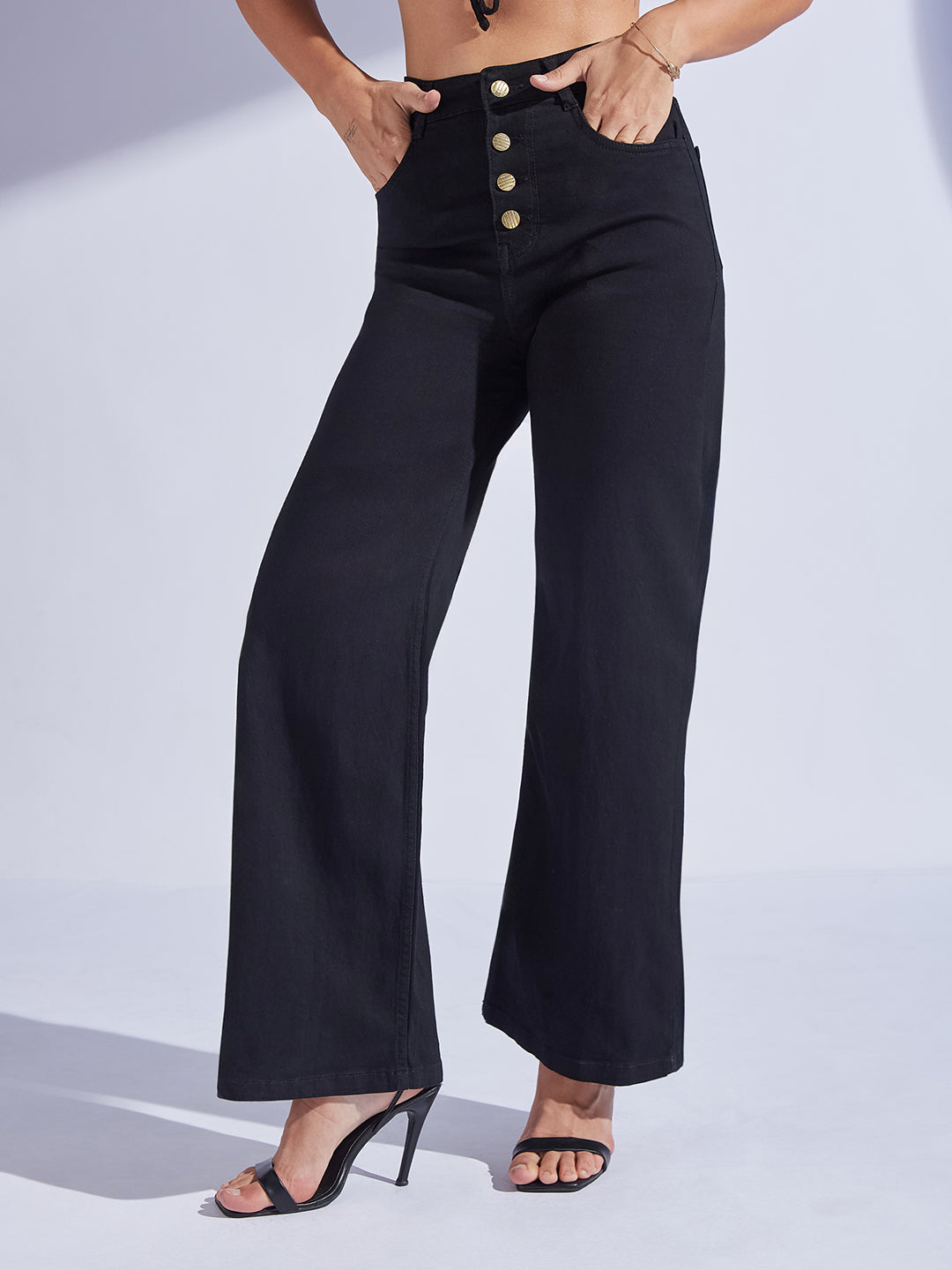 Women's Black Wide Leg High-Rise Stretchable Denim Jeans