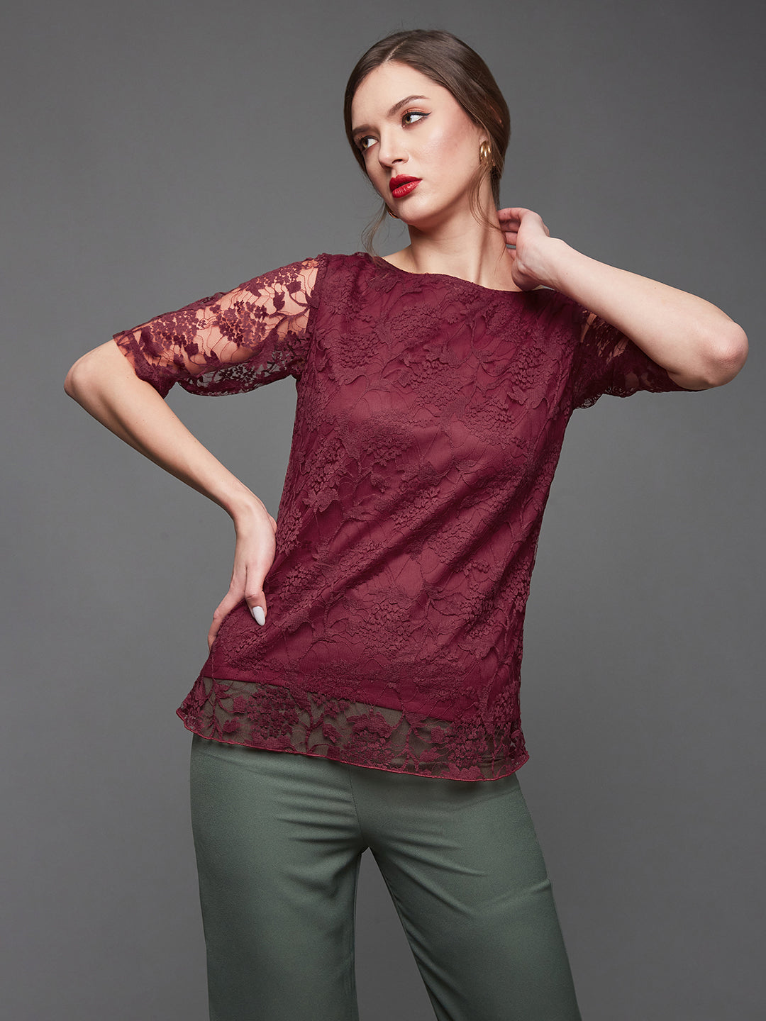 Women's Maroon Relaxed Fit  Regular Lace Top