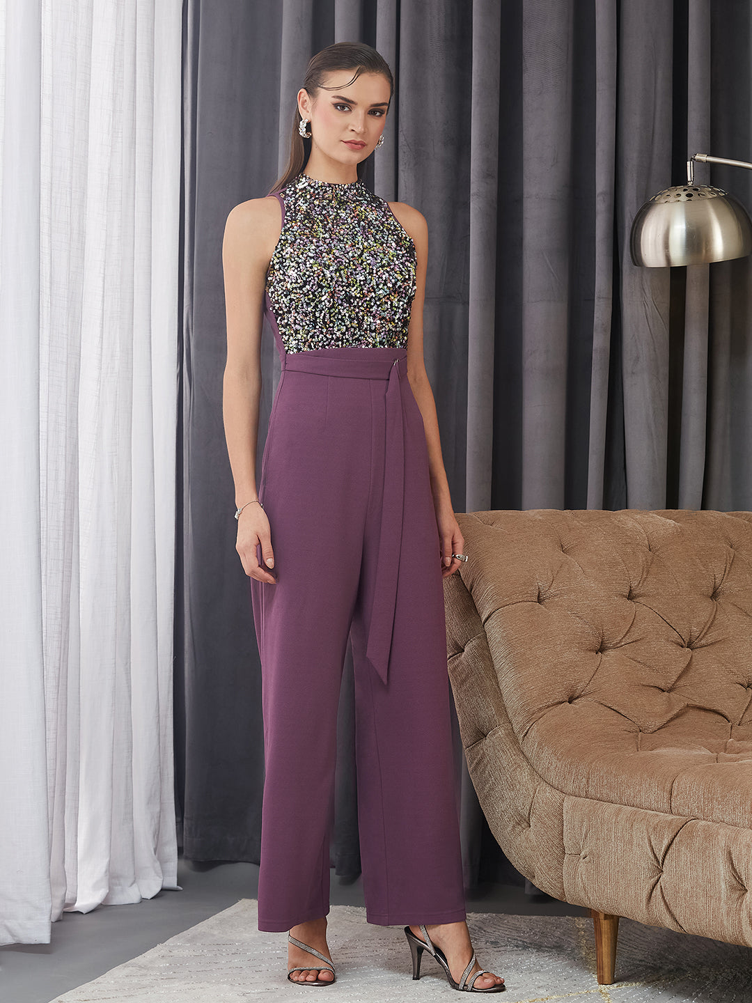 Women's Multicolored Base Lavender Sleeveless Embellished Halter Neck Regular Jumpsuit