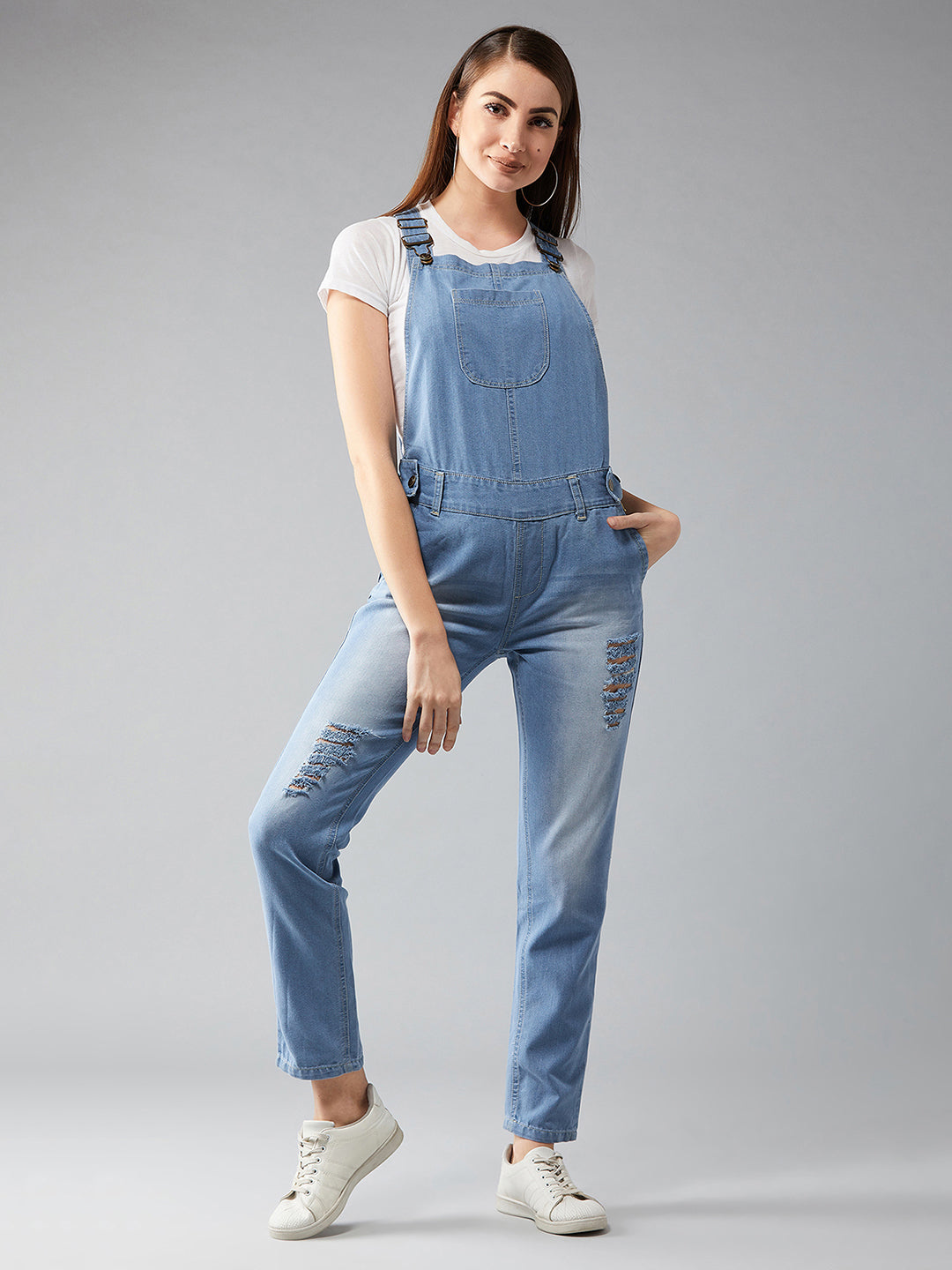 Women's Light Blue Regular Fit Mid Rise Regular Length Ripped Denim Dungaree