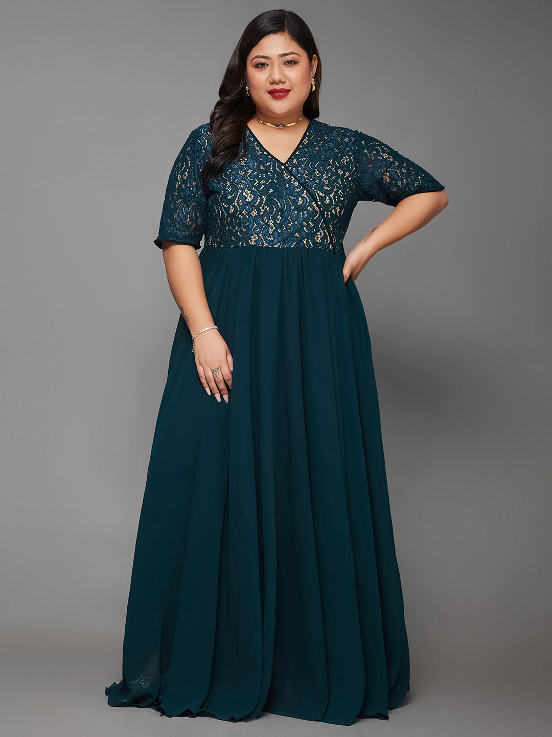 Women's Teal V-Neck Half Sleeve Self Designed Wrap Georgette Maxi Dress