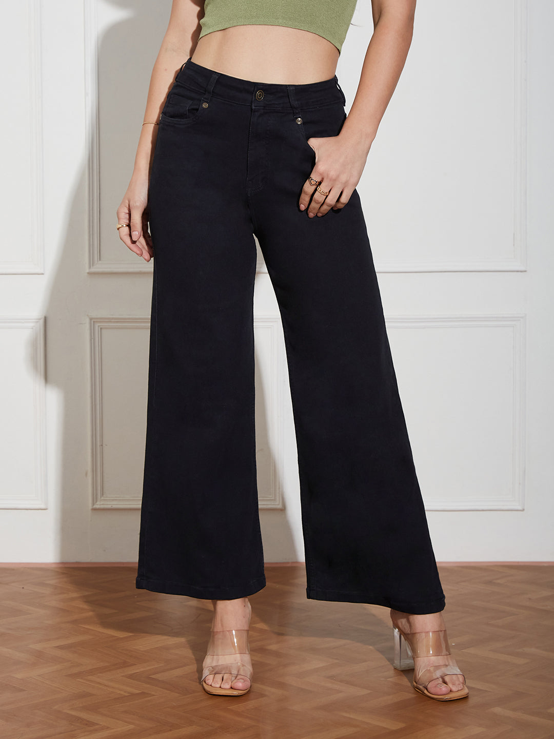 Women's Black Wide-Leg High Rise Clean Look Regular-Length Stretchable Denim Jeans