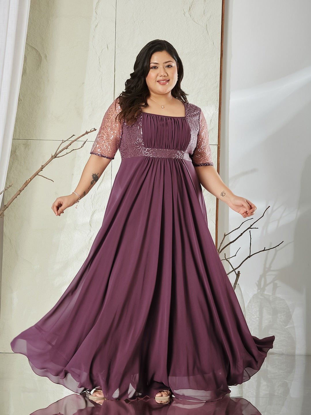 Mauve Square Neck Half Sleeve Solid Embellished Maxi Dress for Women