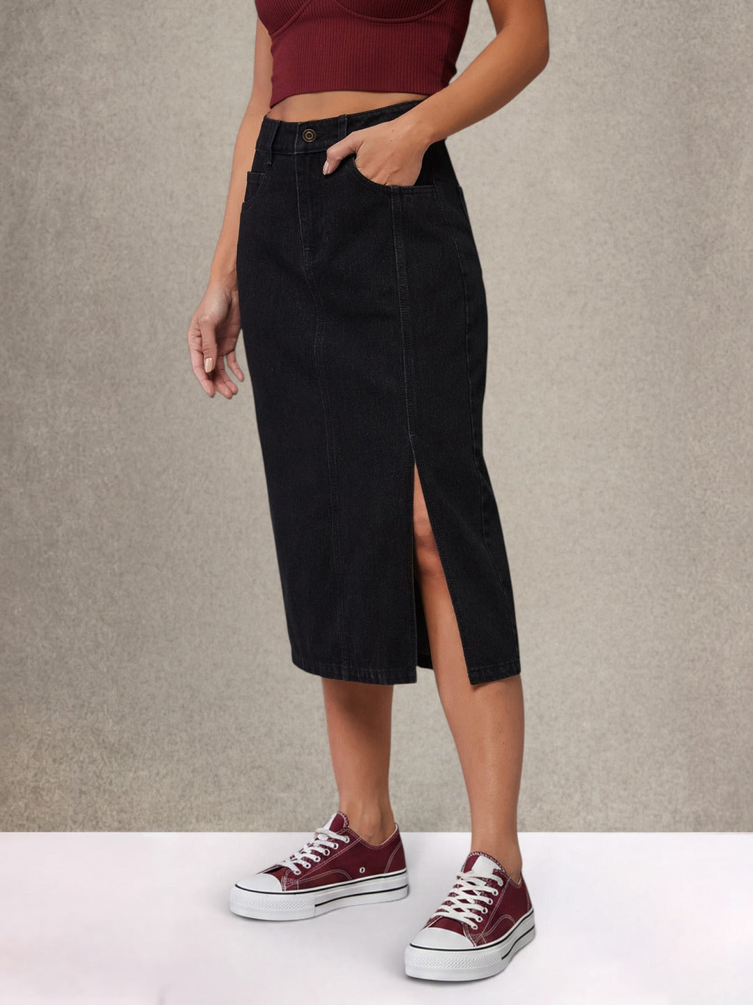 Black Straight-Fit High-Rise Stretchable Denim Midi Skirt for Women