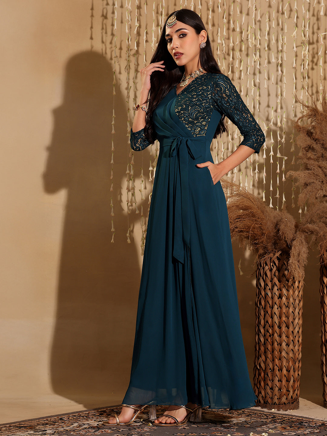 Women's Teal V-Neck 3/4 Sleeve Self-Designed Wrap-Styled Georgette Maxi Dress