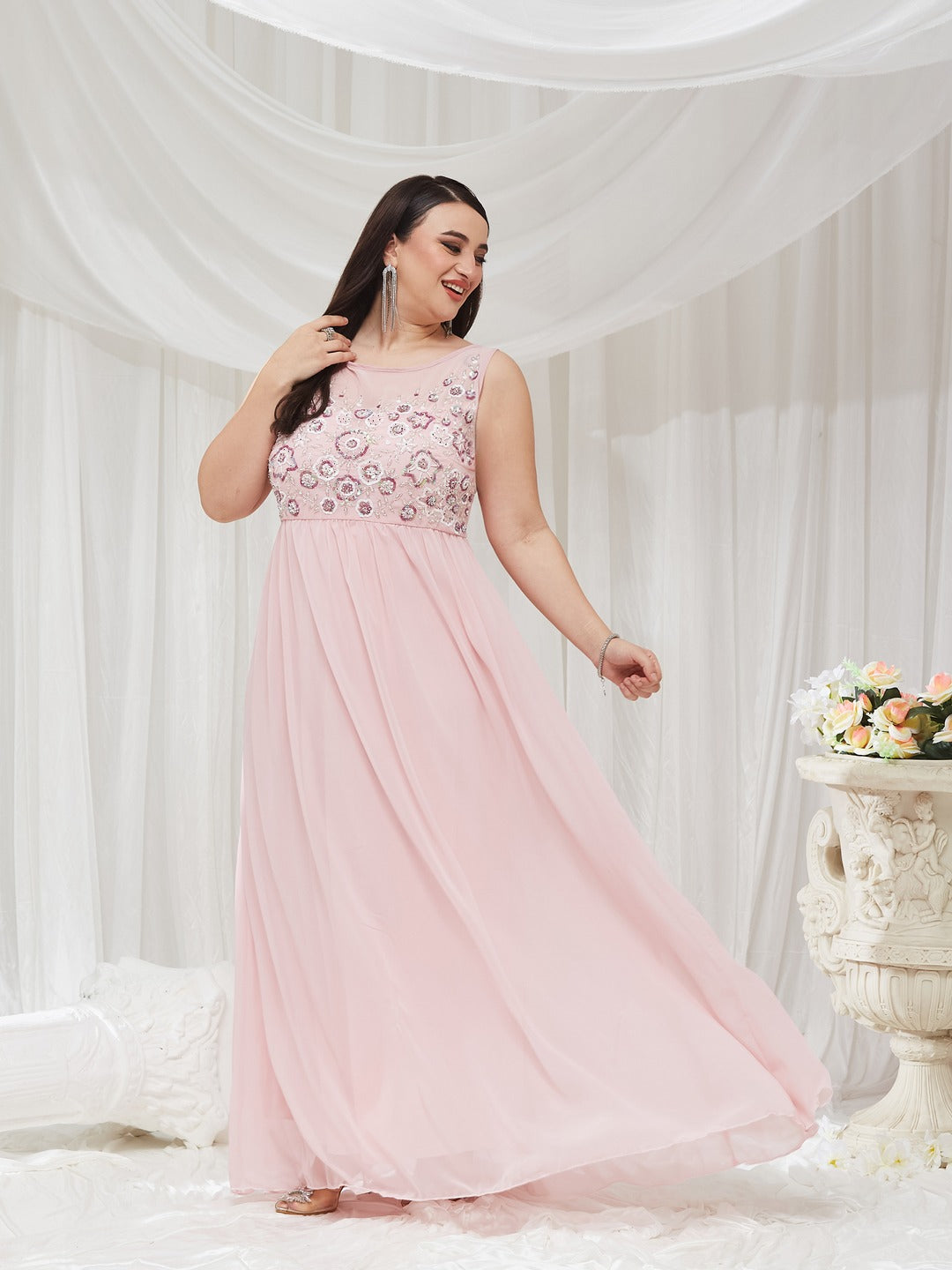 Dusty Pink Boat Neck Sleeveless Embellished Gathered Regular Dress for Women