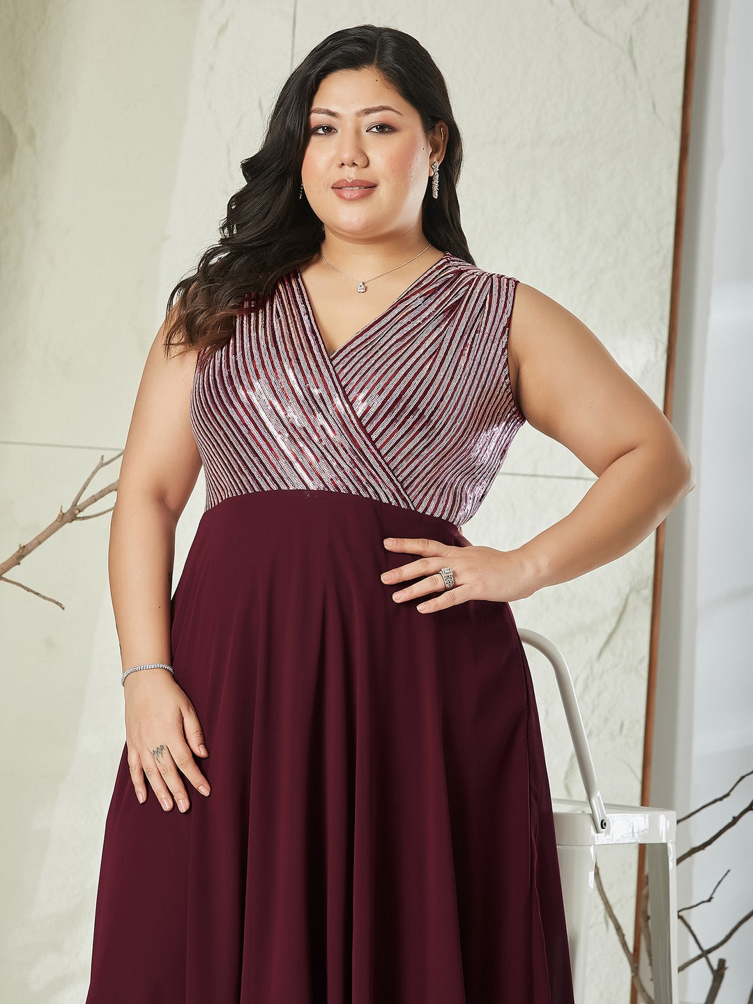 Wine V-Neck Sleeveless Embellished Wrap-Styled Maxi Georgette Dress for Women