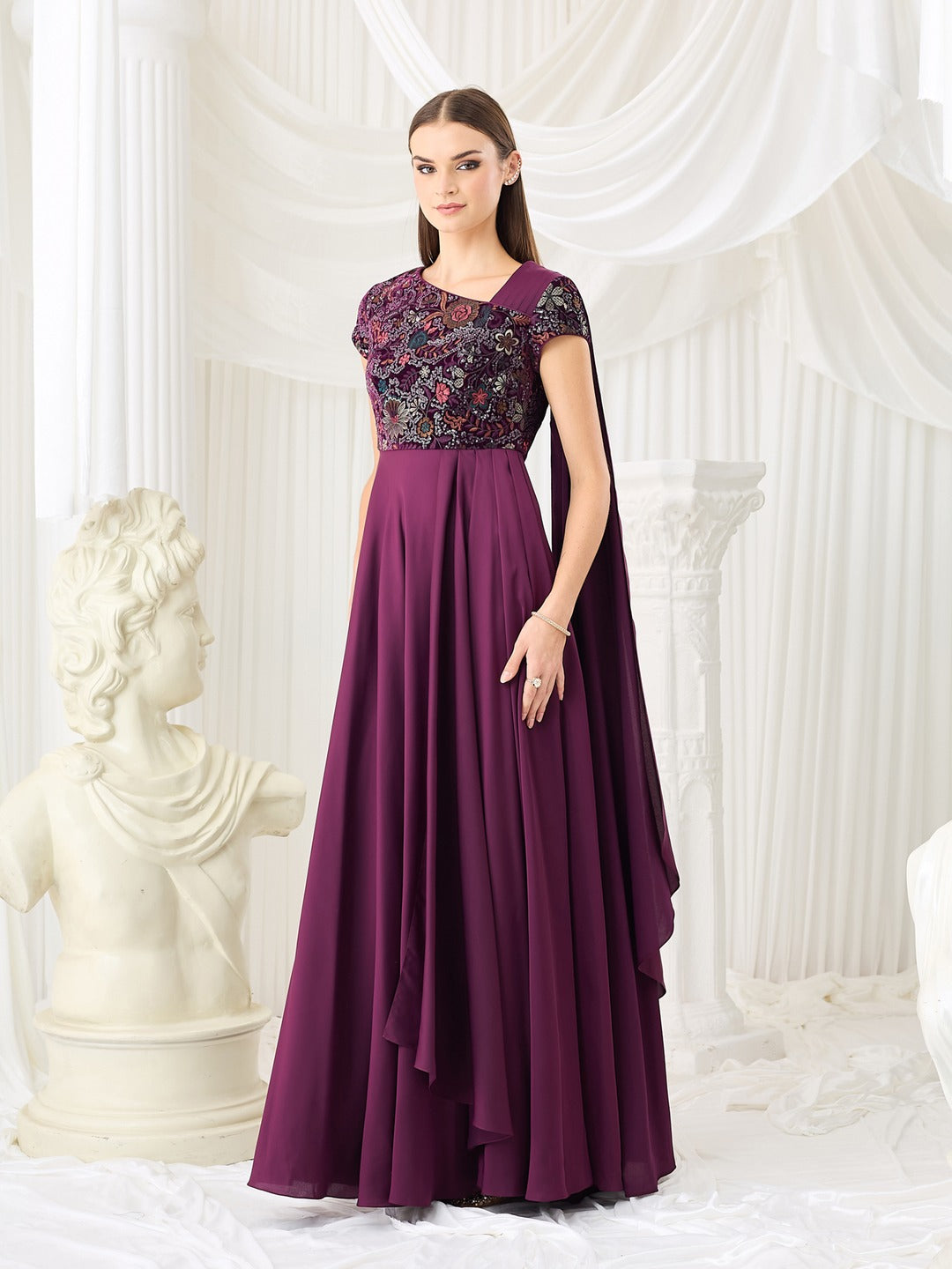 Purple Asymmetric Draped Gown in Embroidered Luxe Satin for Women