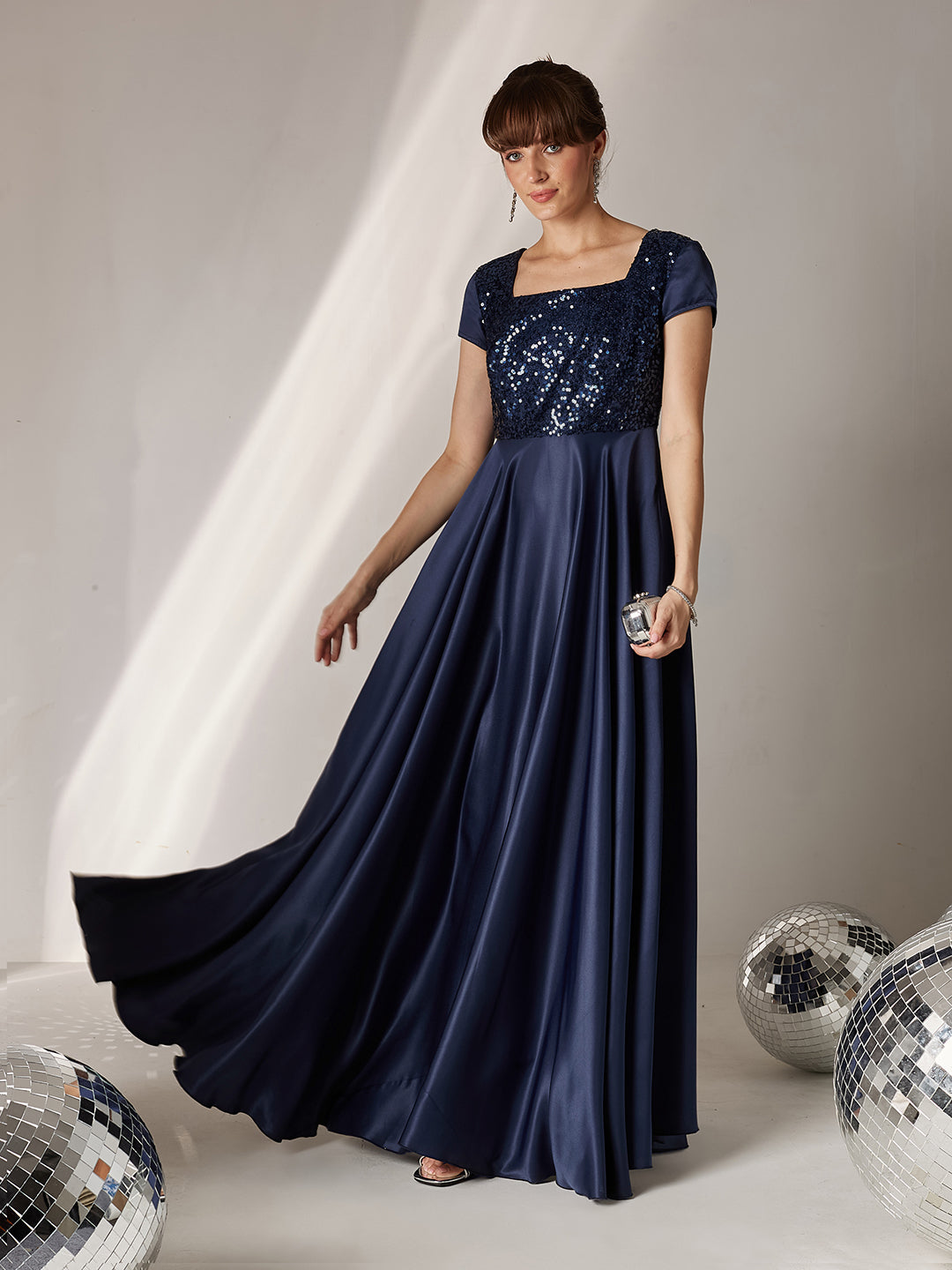 Women's Navy Blue Square Neck Short Sleeve Embellished Polyester Fit & Flare Maxi Dress