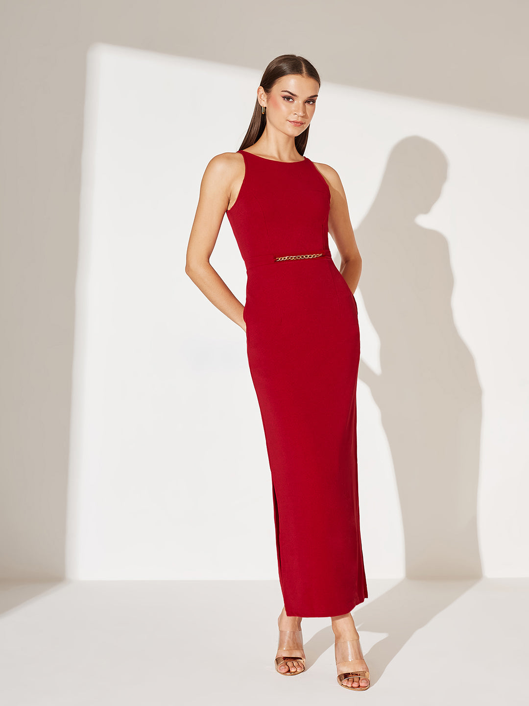Women's Cherry Red Solid Slim Fit Round Neck Sleeveless Maxi Dress