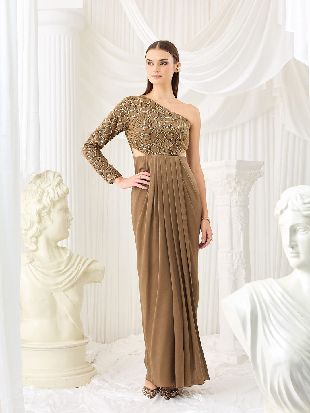 Dark Beige One Shoulder Full-Sleeve Embellished Draped Velvet Maxi Dress for Women