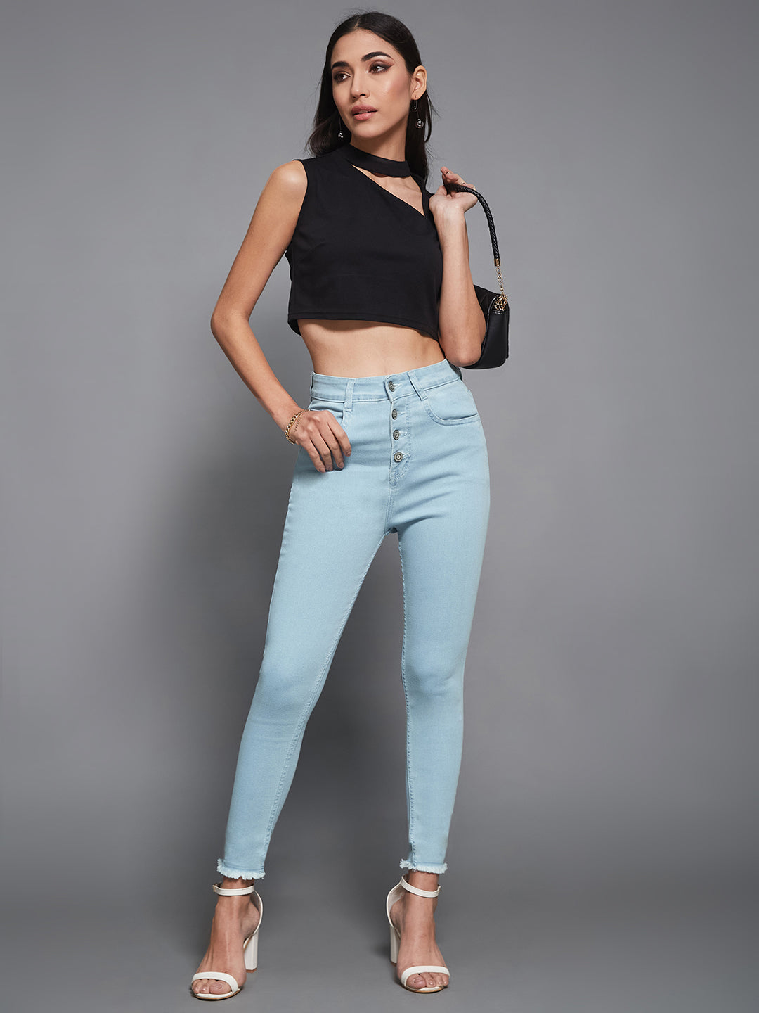 Women's Light Blue Skinny High Rise Clean Look Fringed Hemline Cropped Acid Wash Solid Stretchable Denim Jeans