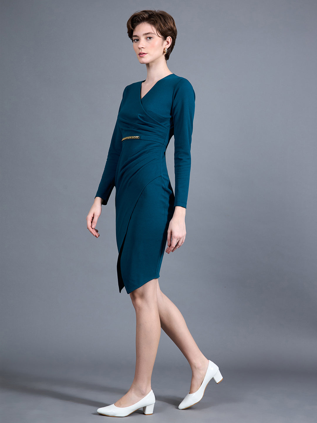 Women's Teal V-Neck Full Sleeve Solid Wrap-Styled Polyester Knee-Long Dress