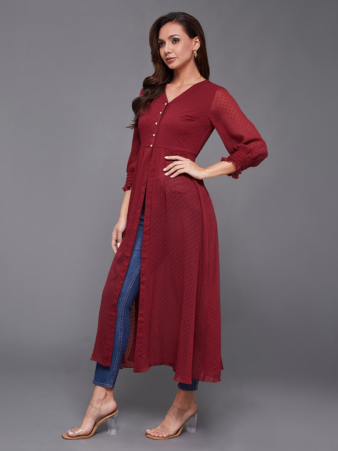 Women's Maroon V-Neck 3/4 Sleeves solid empire Maxi Top