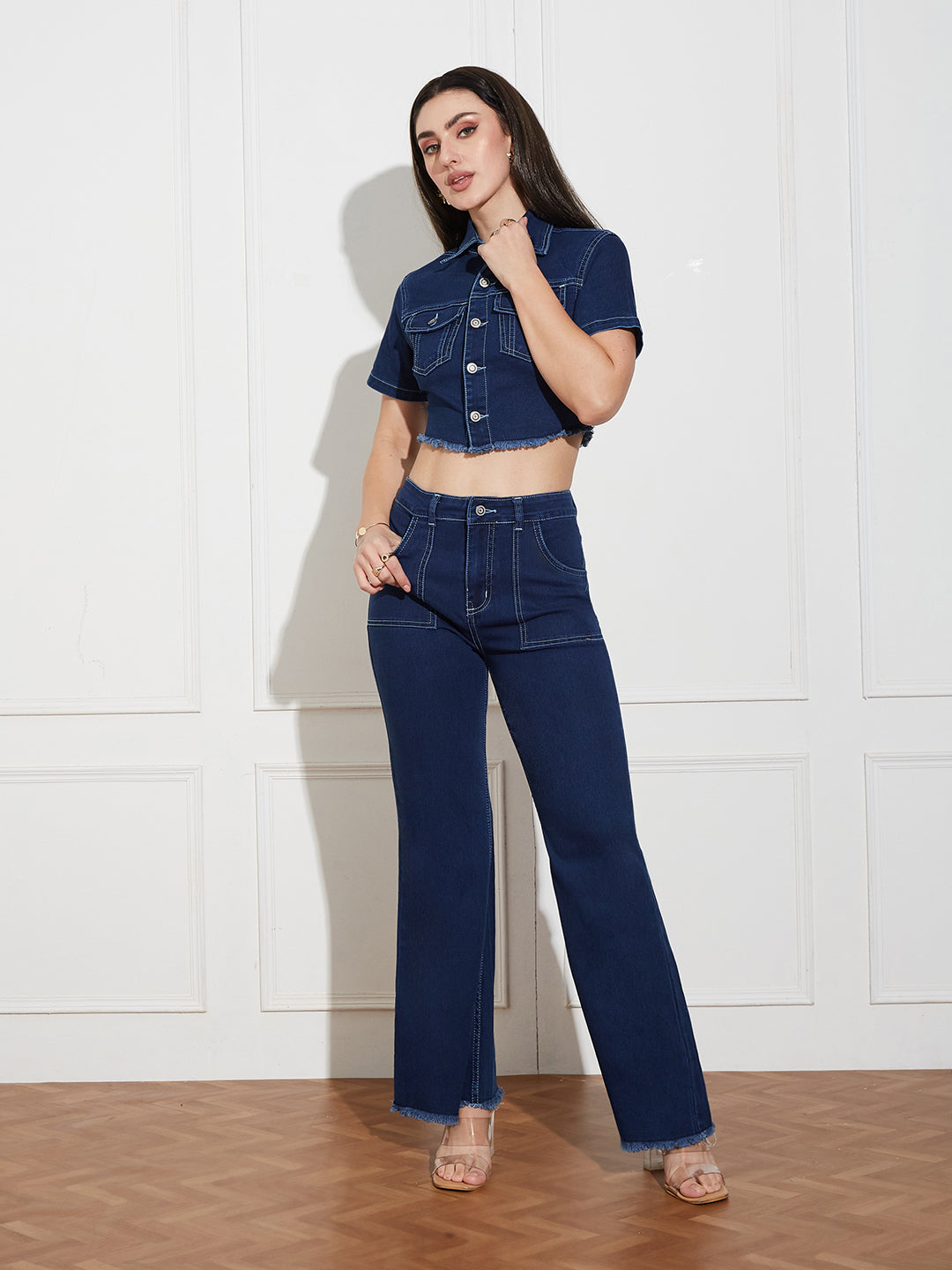 Women's Navy Blue Bootcut High-Rise Clean-Look Cropped Top, Regular Bottom Stretchable Denim Co-Ord Set