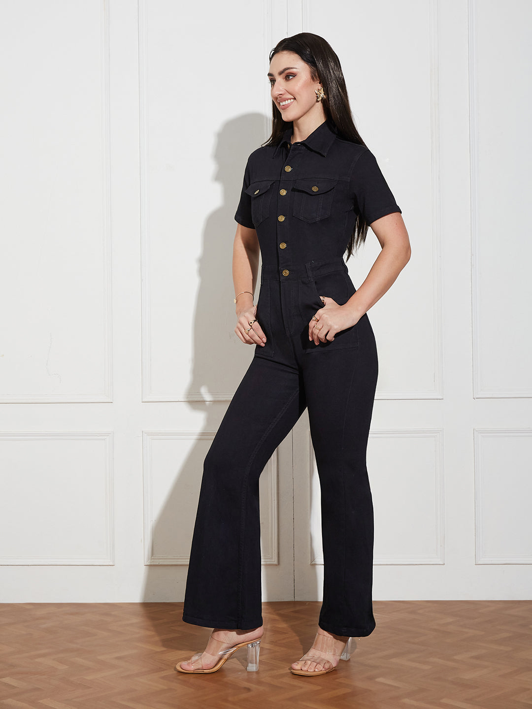 Women's Black Flared High Rise Regular Stretchable Denim Jumpsuit