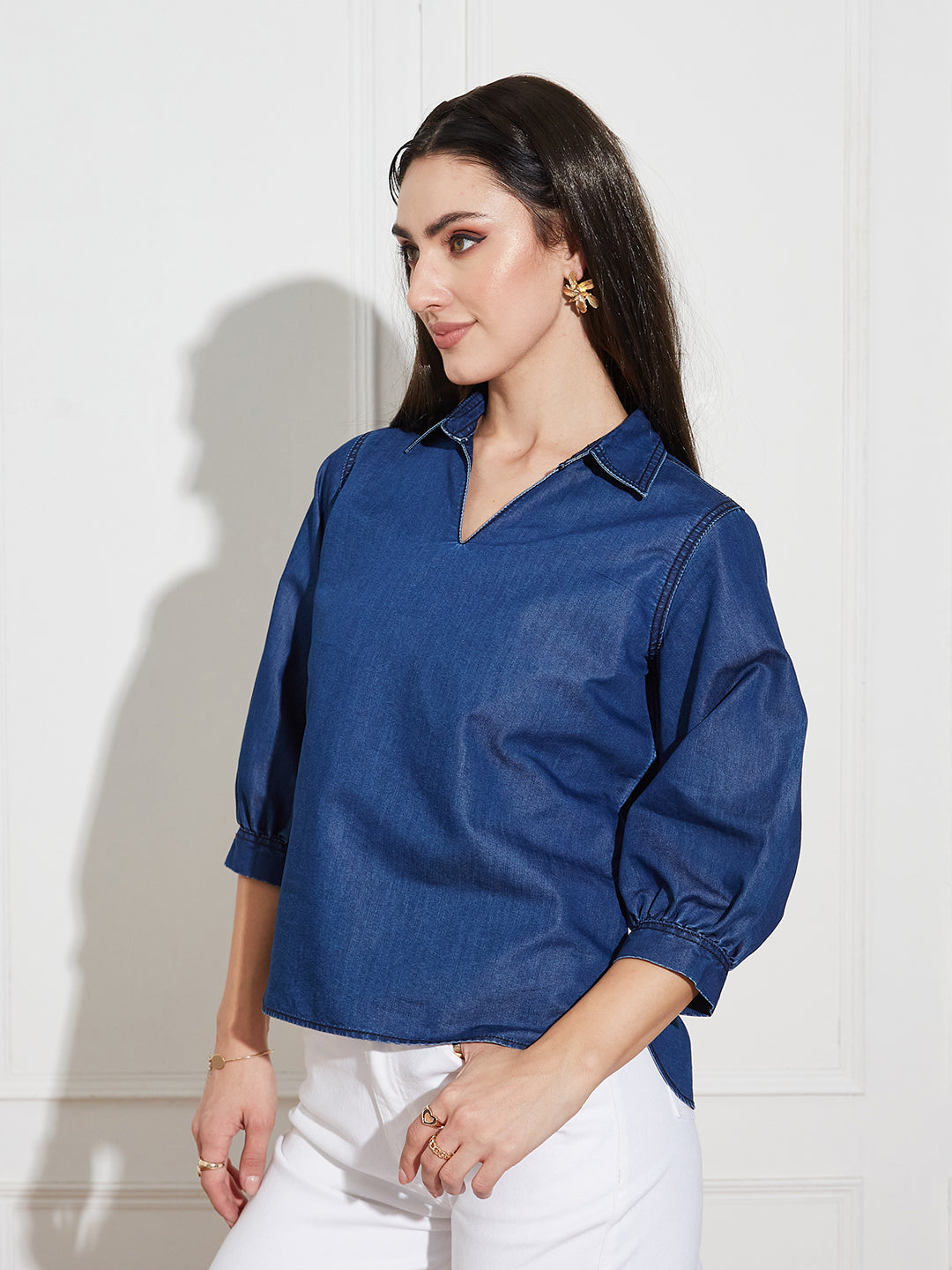 Women's Dark Blue Collar-Neck Puff-Sleeve Solid-Colored Light Weight Denim Tunic Top