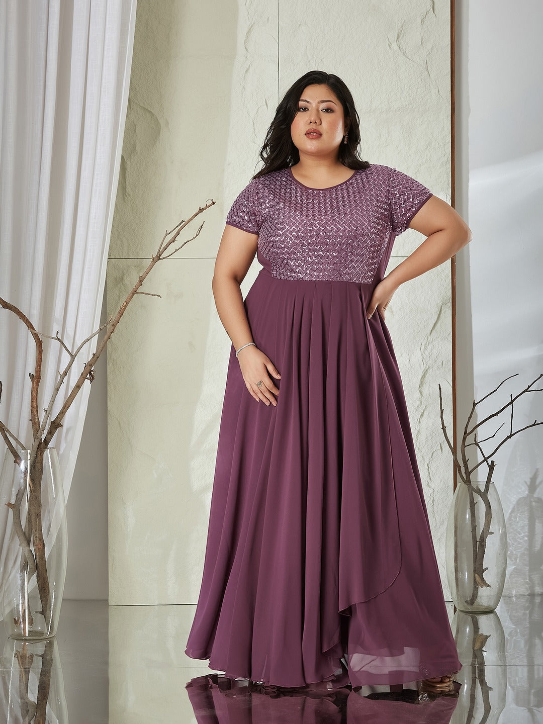 Mauve Round Neck Cap Sleeve Embellished Fit & Flare Maxi Crepe Dress for Women
