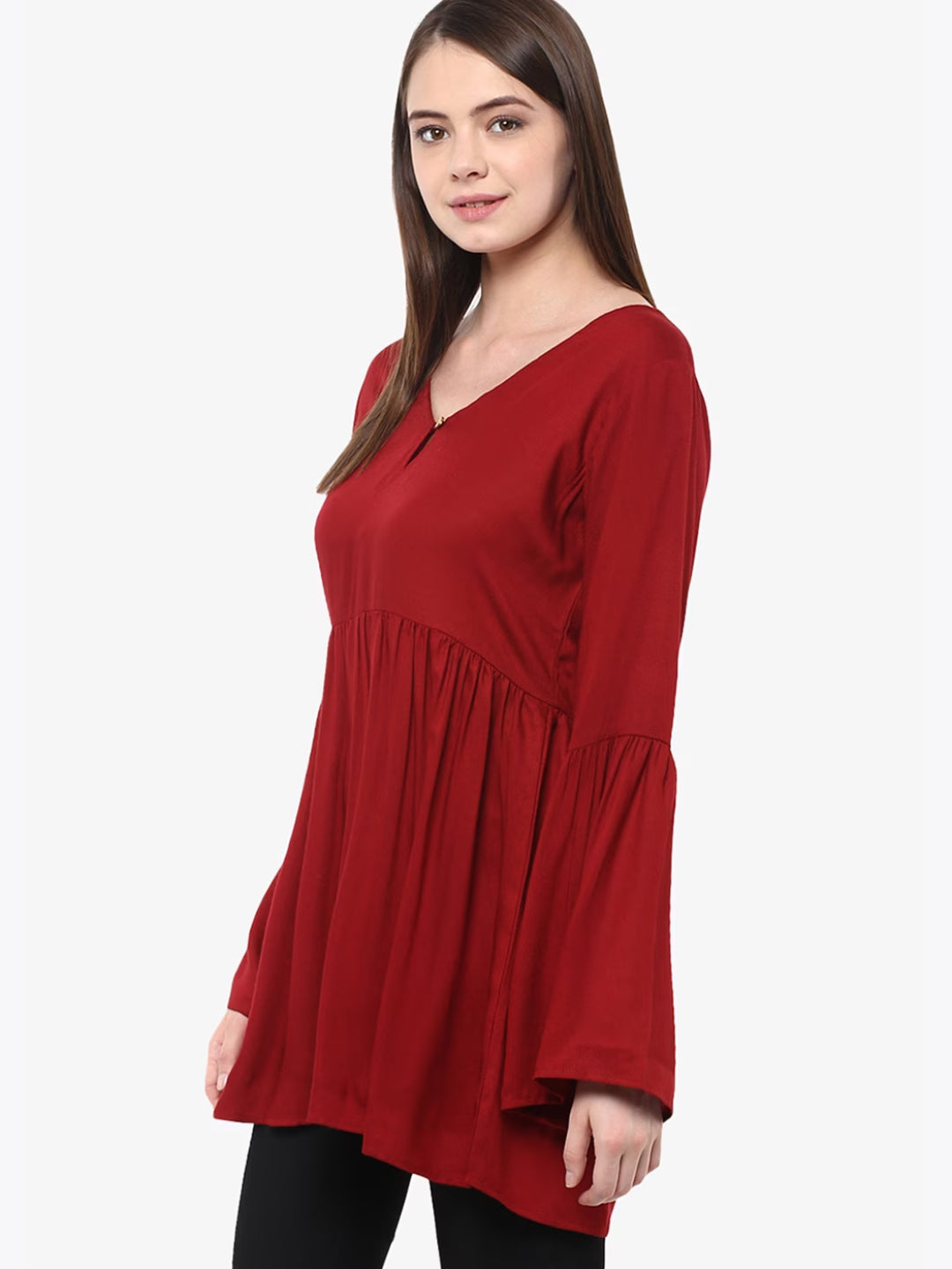 Women's Maroon V-Neck Full Sleeves Deep Back Gathered Bell Sleeves Top