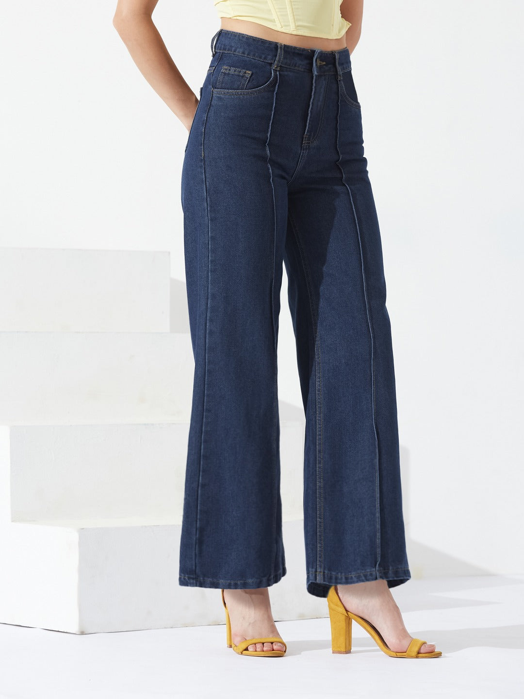 Navy Blue Wide-Leg High-Rise Non-stretchable Denim Jeans for Women