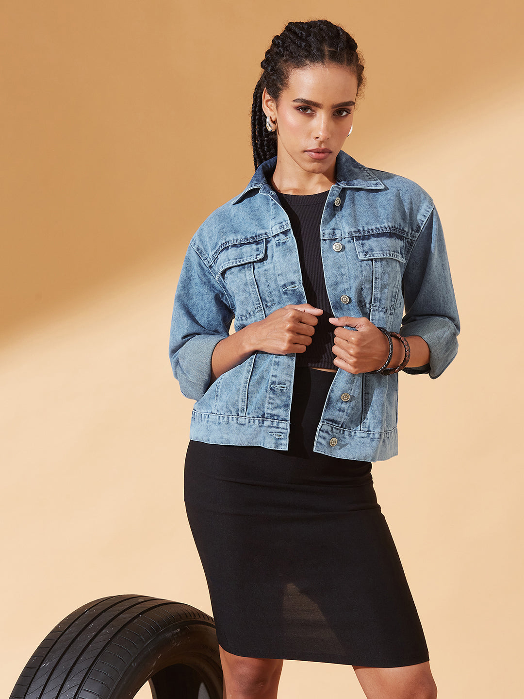 Light-Blue Collared Full Sleeve Solid Classic Denim Jacket for Women