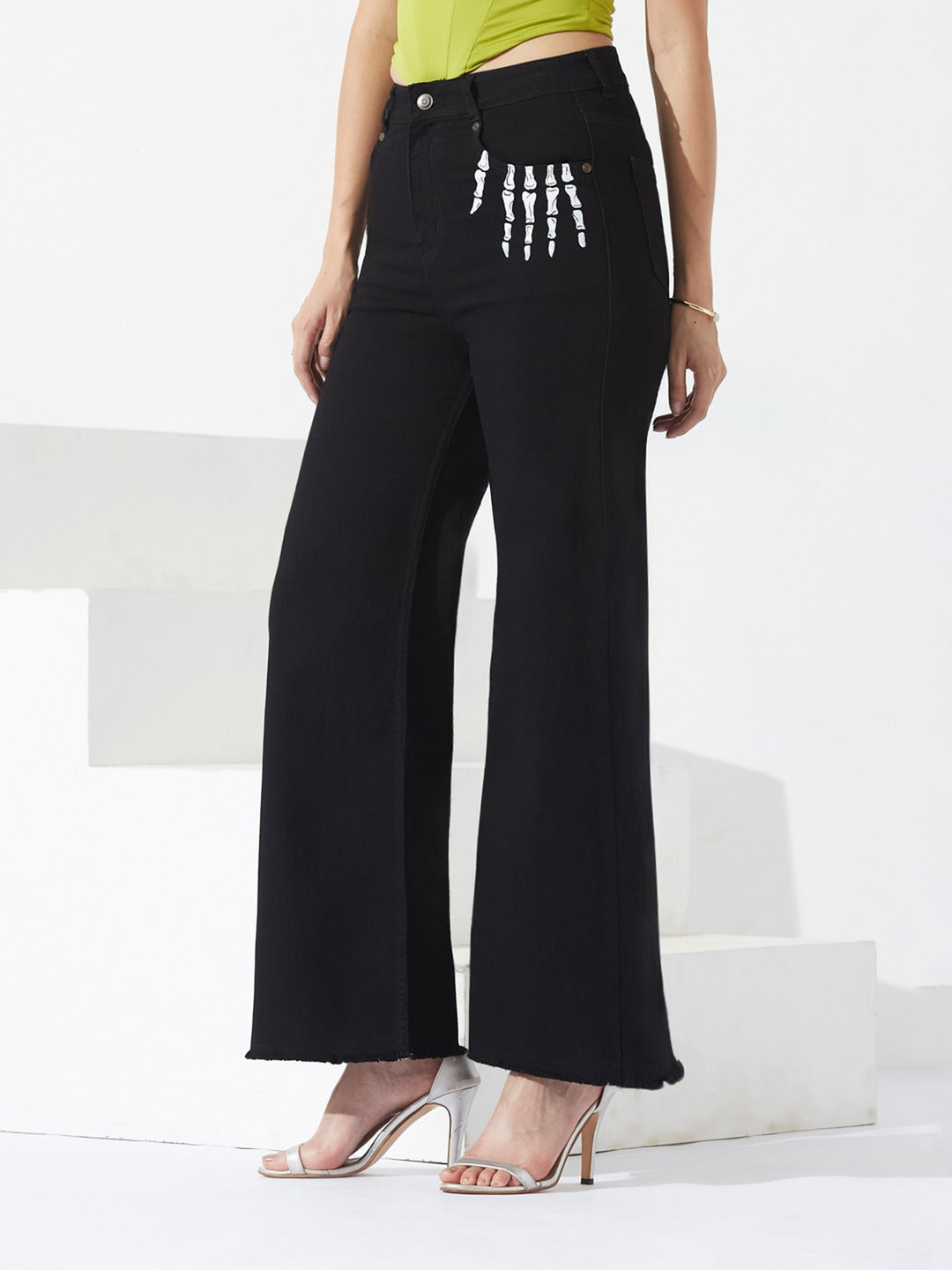 Black Wide Leg high-rise Hand Painted Skeleton Art Stretchable Denim Jeans for Women
