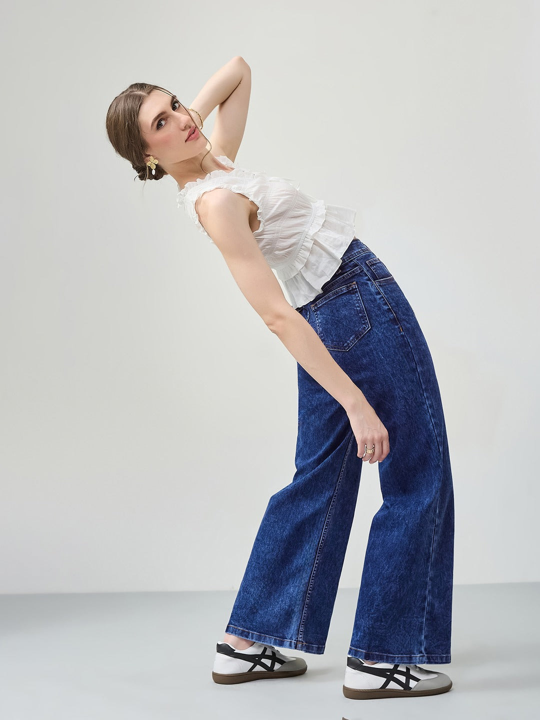 Mid Blue Wide-Leg High-Rise Stretchable Denim Jeans for Women