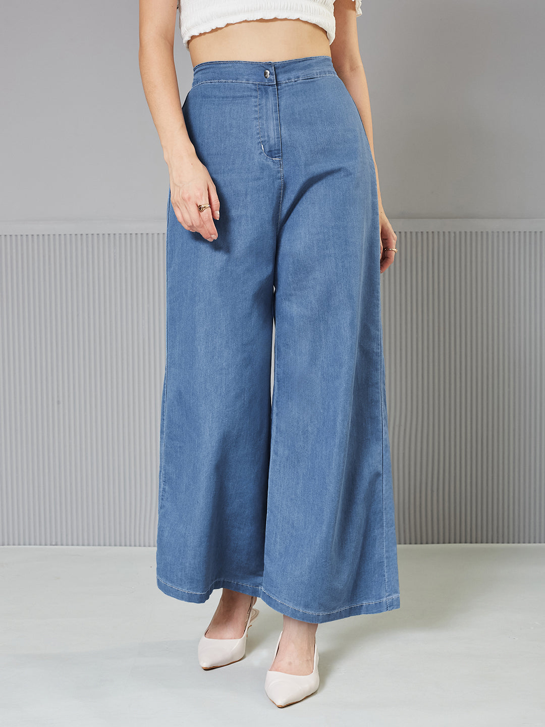 Blue Flared Wide-Leg High-Rise Non Stretchable Light Weight Denim Pants for Women