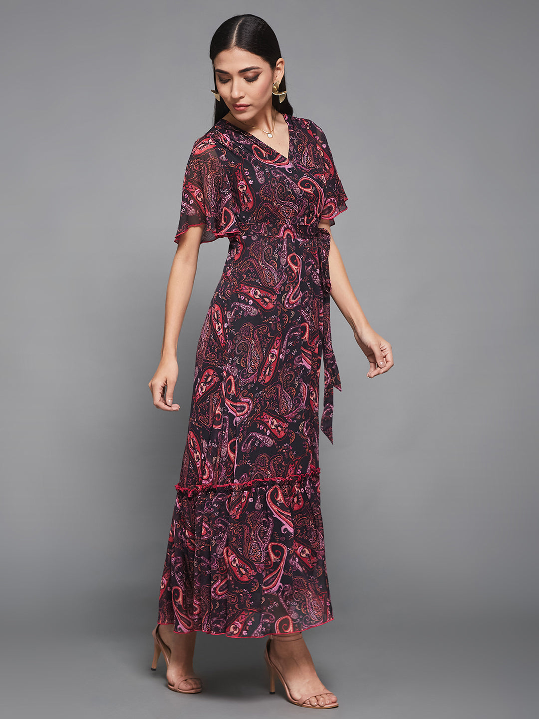 Women's Multicolored Base Black Bohemian V-Neck Flutter Sleeve Chiffon Relaxed Fit Wrap Maxi Dress