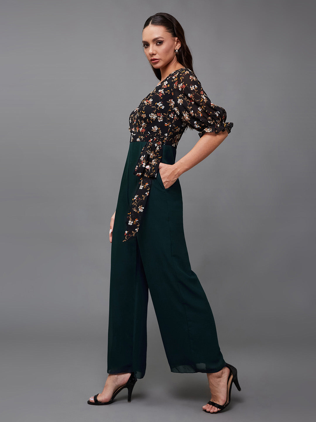 Women's Multicolored-Base-Teal V-Neck Puff Sleeve Floral Patterned Wrap Regular Georgette Jumpsuit