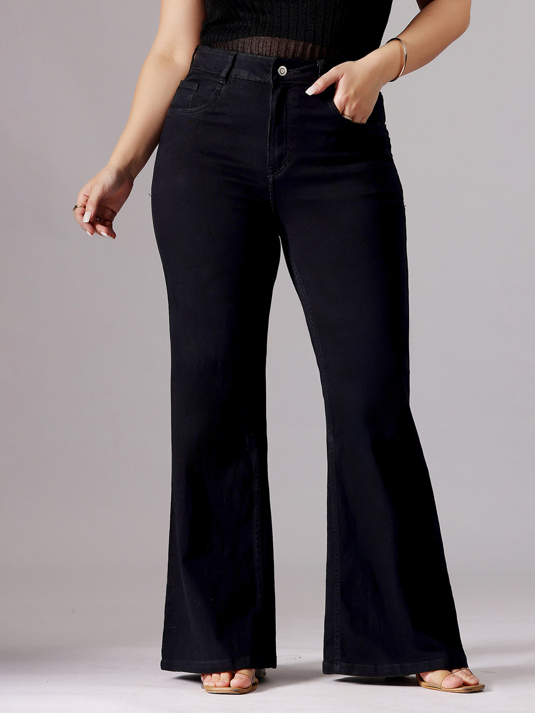 Women's Black Bootcut High-Rise Clean-Look Stretchable Denim Jeans