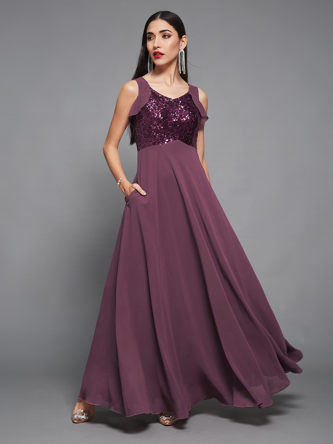 Women's Mauve Sweet-Heart Neck Sleeveless Embellished Fit & Flare Maxi Dress