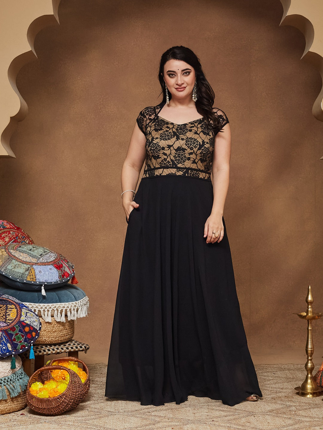 Black Floral V - Neck Cap Short Sleeves Lace Overlaid Fit & Flare Paneled Maxi Dress for Women
