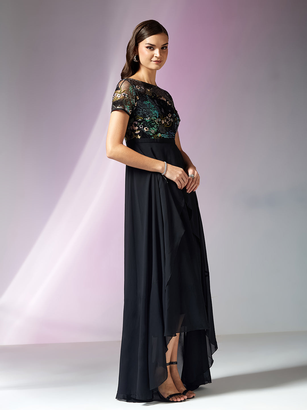 Multicolored Base Black Round Neck Short Sleeve Floral Layered Georgette Midi Dress for Women — Miss Chase